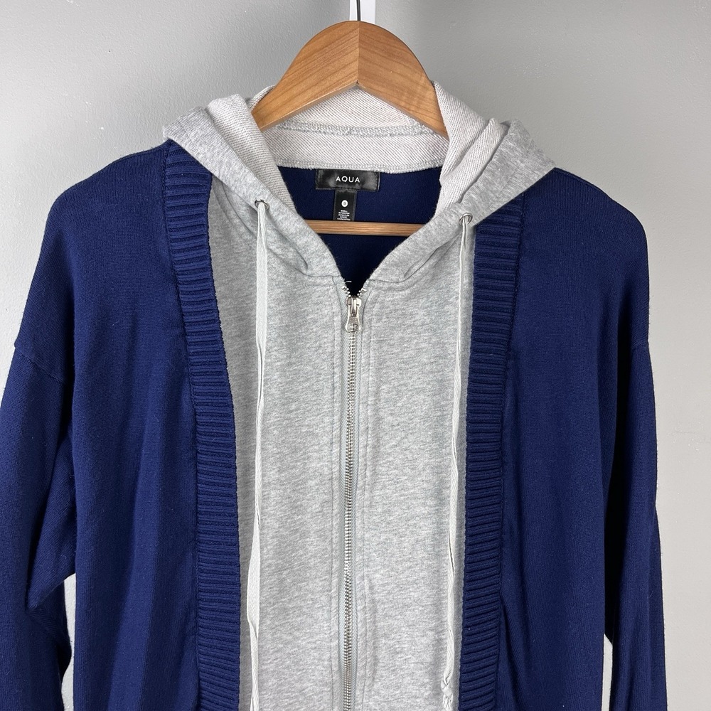 Aqua Brand‎ Knit Hoodie Sweater Womens Small Navy Blue Gray Full Zip Hooded